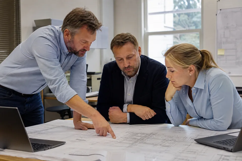 Trzech projektantów różnych branż omawia przy stole wydruki rysunków instalacji i konstrukcji