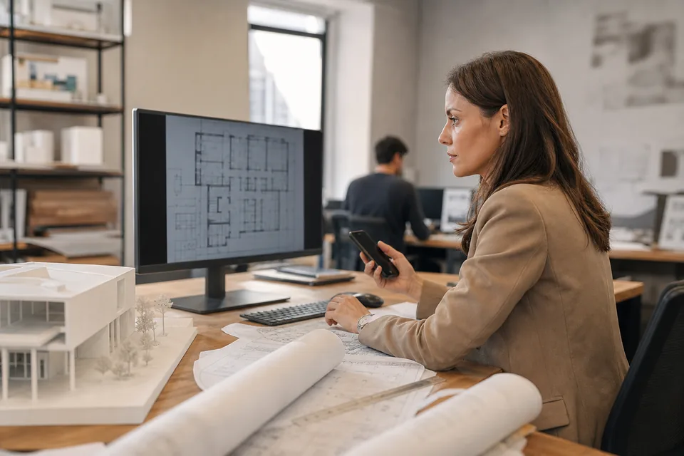 Architektka przy biurku sprawdza rysunki projektu budowlanego na dużym monitorze i trzyma telefon